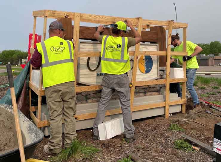 City of Otsego Roundabout Break-Away Sign Monument Positioned In Crate