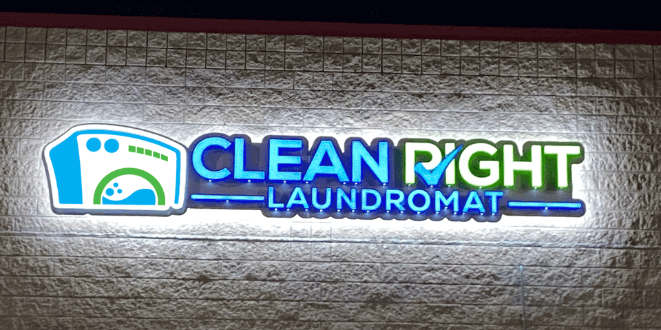 Clean Right Laundromat Halo-Lit Channel Letters Sign - Night View