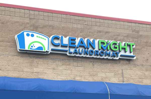 Clean Right Laundromat Halo-Lit Channel Letters Sign - Daytime View