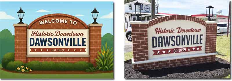 Historic Dawsonville City Entrance Sign Monument With LED Lamps On Columns