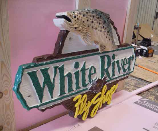 Hand Carved White River Fly Shop Trout Sign In HDU Sign Foam