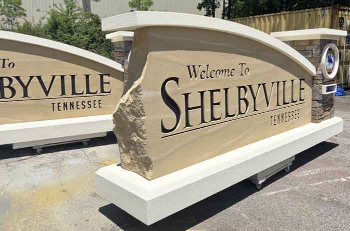 Faux limestone slab in a modern design for the Çity of Shelbyville, TN
