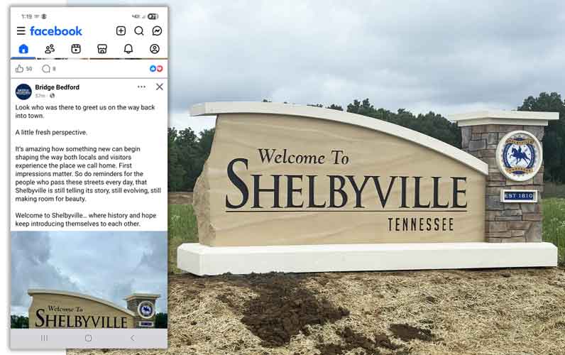 Shelbyville TN Breakaway Sign Monuments with FaceBook Post As Being Installed