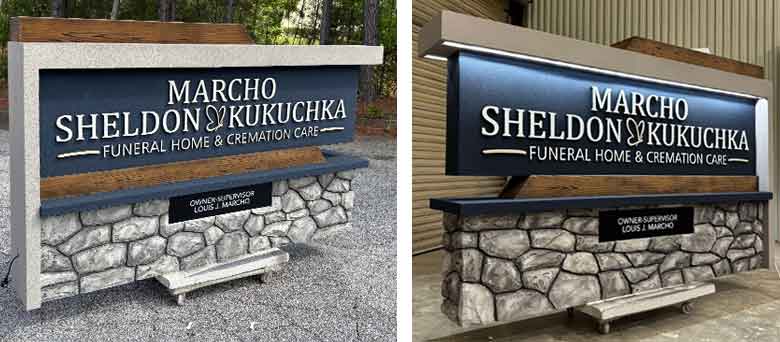 Funeral Home Business with a modern design. This sign monument has faux stone and wood, and integrated downward LED halo lighting.