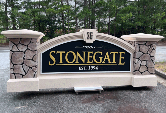 Community Entrance Sign with Faux Stone Columns - Stonegate