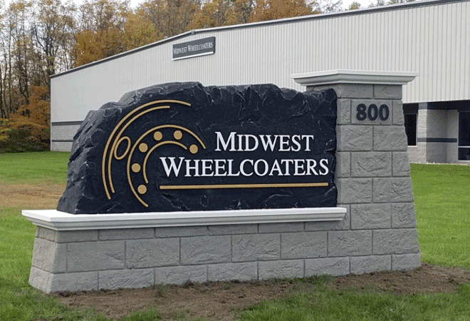 Faux Chiseled Rock on Block Stone - Midwest Wheelcoaters Business Warehouse Sign Monument