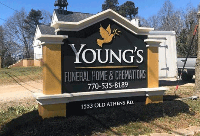 Funeral Home Cremations Business Main Entrance Sign Monument - Young's Funeral Home